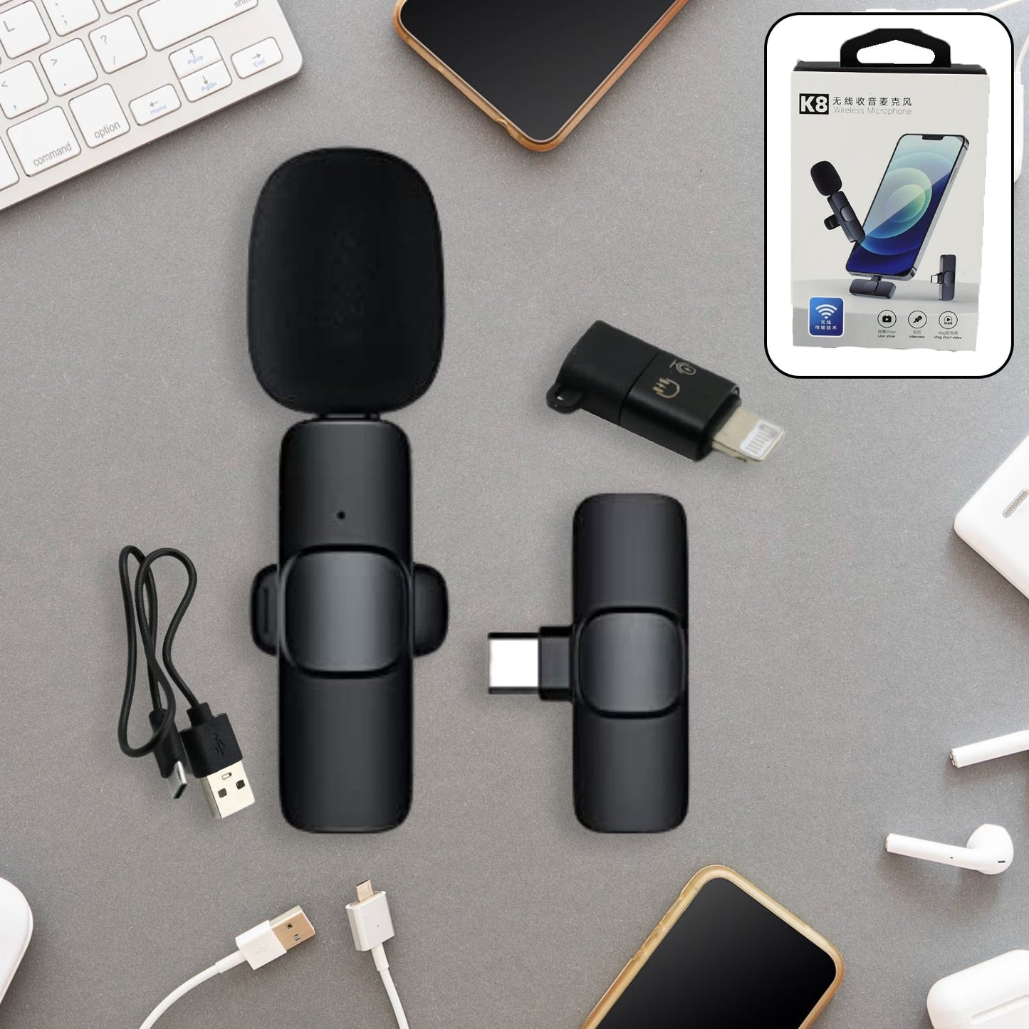 Intelligent Noise Cancelling Live Streaming Clip on Microphone for Type-C & for iPhone with Charging Mini Wireless Lapel Collar Microphone (MKK-X66)
