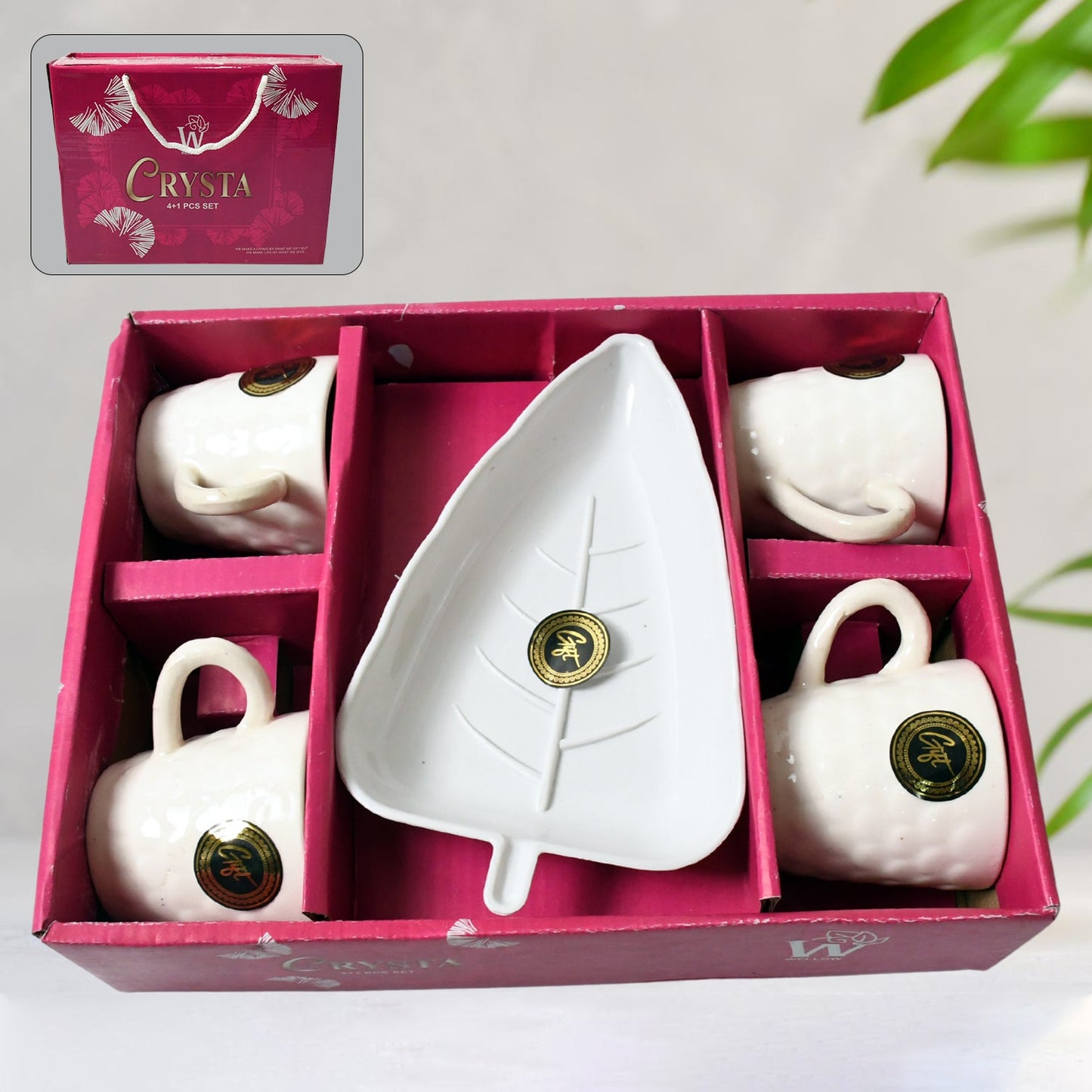 Crysta Ceramic Tea Cups With Plastic tray Environmental Friendly Festival for Milk Cup, Coffee Cup, Tea Cup, Breakfast Cup, Drinking Mug or Outdoor for Household Gift For Birthday (5 Pcs Set)