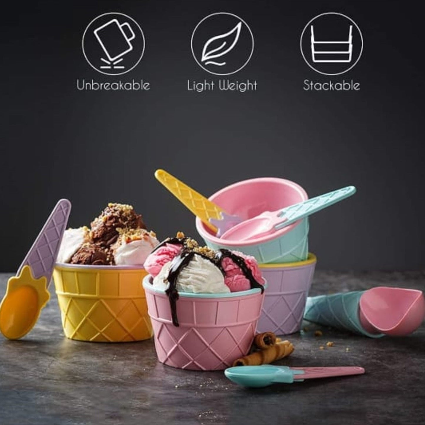 Ice-Cream Waffle Spoon Bowel Cup Set | Premium ice Cream Set | Ice-Cream Bowel with Spoon | 6 units Couple Bowl Set | Color Box (X937)