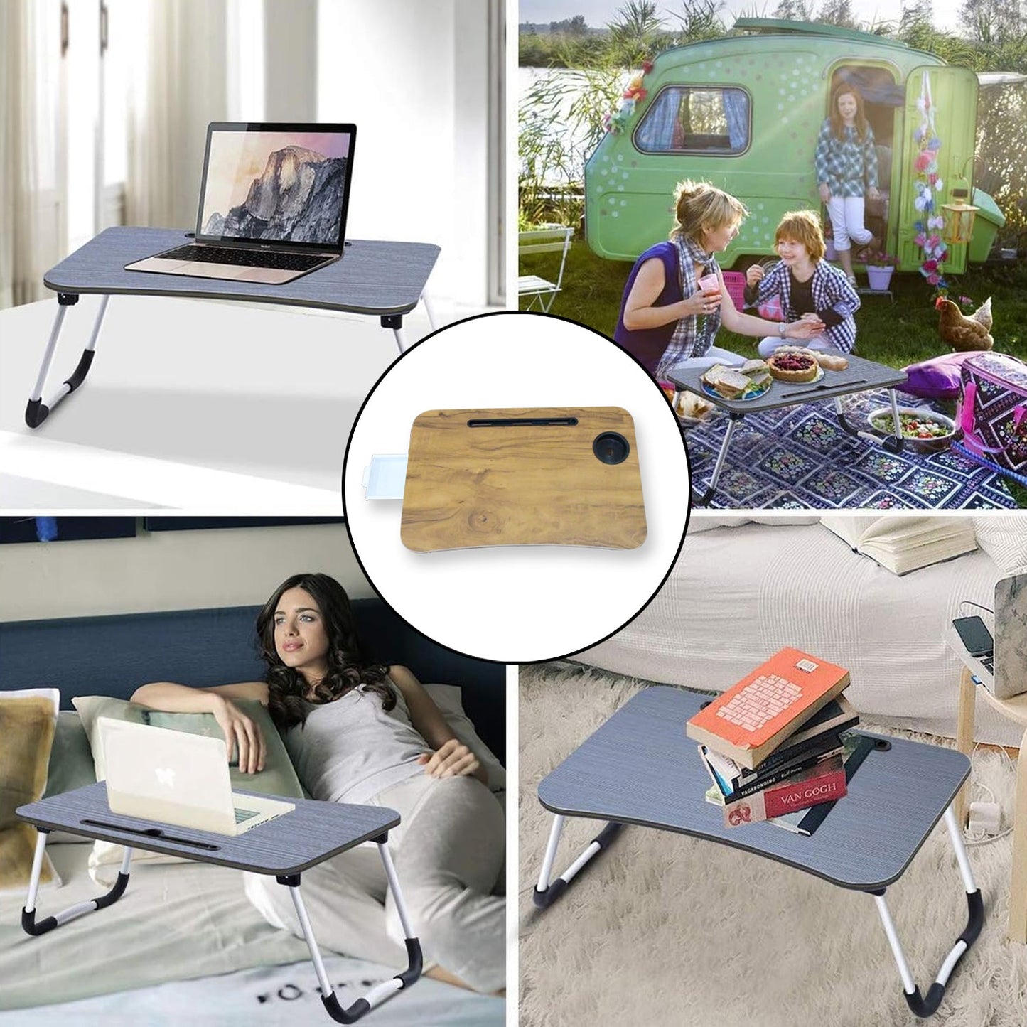 Multi-Purpose Laptop Desk for Study and Reading with Foldable, Cupholder & Drawer (1 Pc / Mix Plain Design / 58×38 Cm) (Random Colour) (Random shape) (X1079)