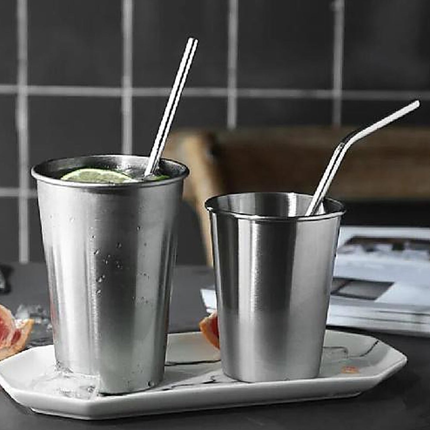 Reusable Stainless Steel Straws with Travel Case Cleaning Brush Eco Friendly Extra Long Metal Straws Drinking Set of 4 (2 Straight straws, 1 Bent straws, 1 Brush) (MKK+X63)