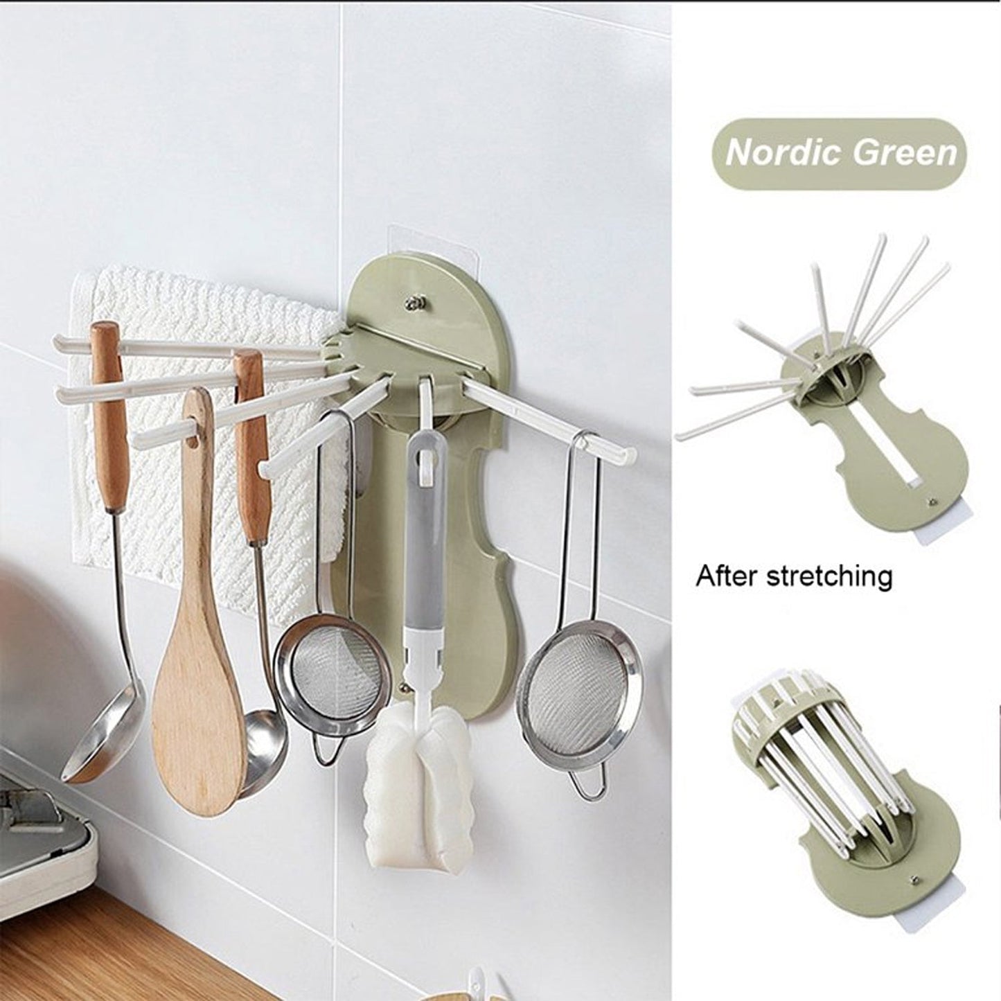Plastic 7-in-1 Multifunction Retractable Wall-Mounted Pull-Out Hanger Rack Without Punching Hooks Up for Kitchen Bathroom (1-X36)