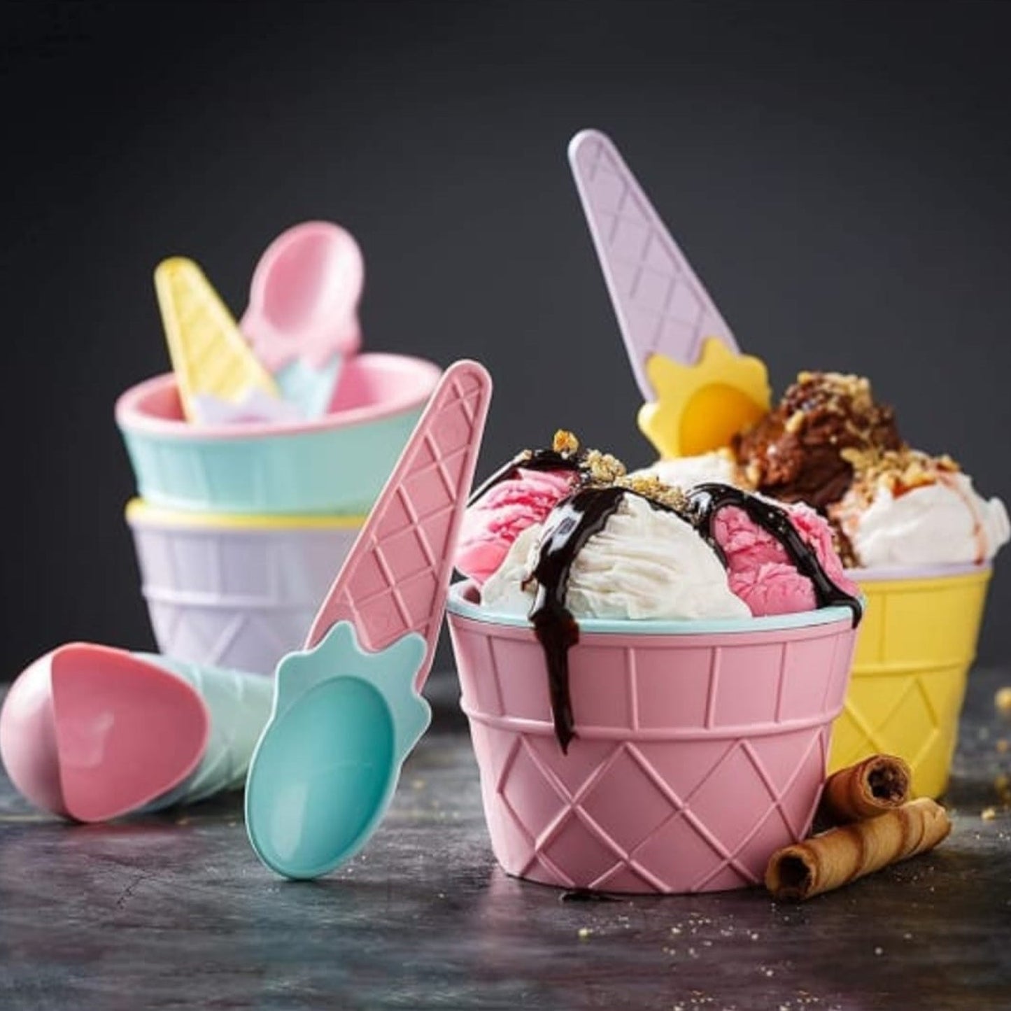 Ice-Cream Waffle Spoon Bowel Cup Set | Premium ice Cream Set | Ice-Cream Bowel with Spoon | 6 units Couple Bowl Set | Color Box (X937)