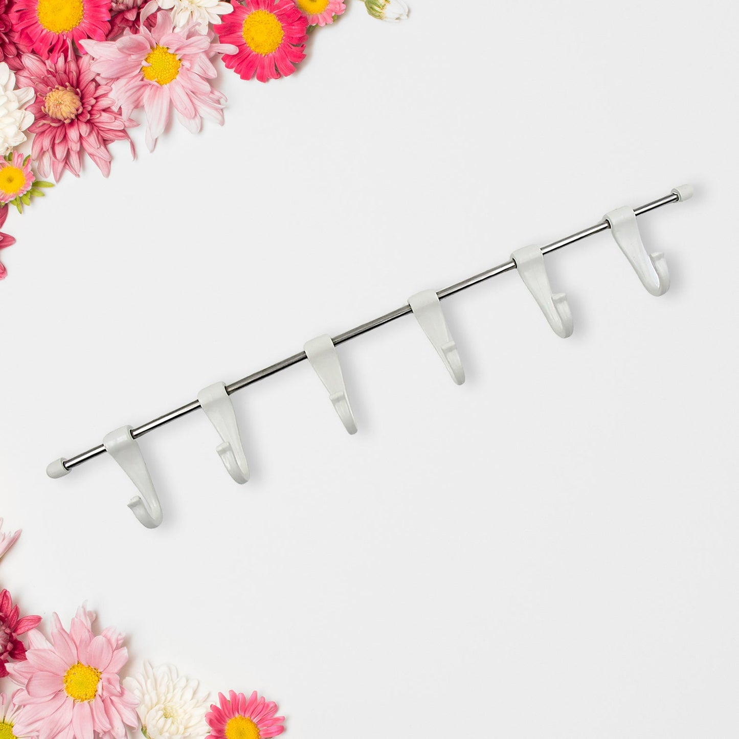 Stainless Steel Utensil Hanger Rail Nail Free Wall Mount with 2 Magic Stickers & 6 Plastic Hooks For Kitchen (X472)