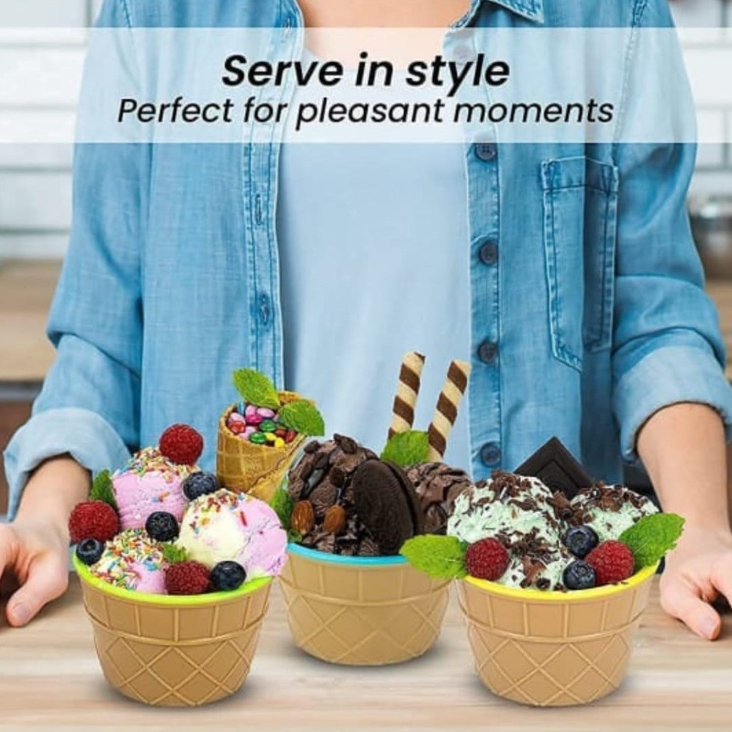 Ice-Cream Waffle Spoon Bowel Cup Set | Premium ice Cream Set | Ice-Cream Bowel with Spoon | 6 units Couple Bowl Set | Color Box (X937)
