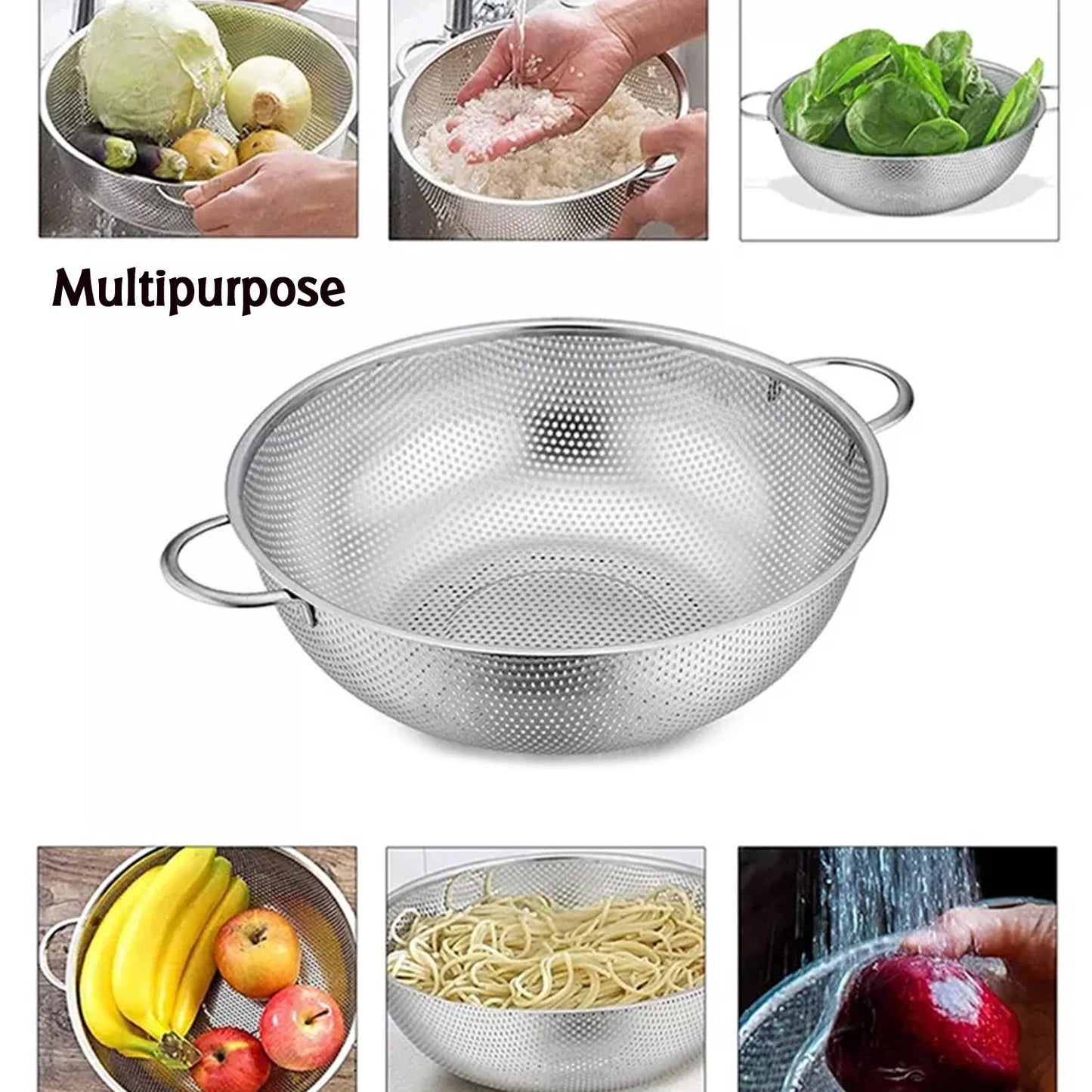 Stainless Steel Colander with Handle, Large Metal Mesh Basket Strainer for Pasta, Spaghetti, Berry, Veggies, Fruits, Kitchen Food Colander, Safe (1 pc / 25.5 cm)