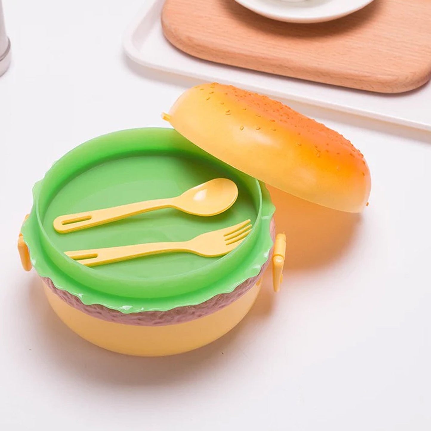 Burger Shape Lunch Box Plastic Lunch Box Food Container Sets Double Layer Lunchbox 1000ml With 2 Spoon Applicable to Kids and Elementary School Students (X606)