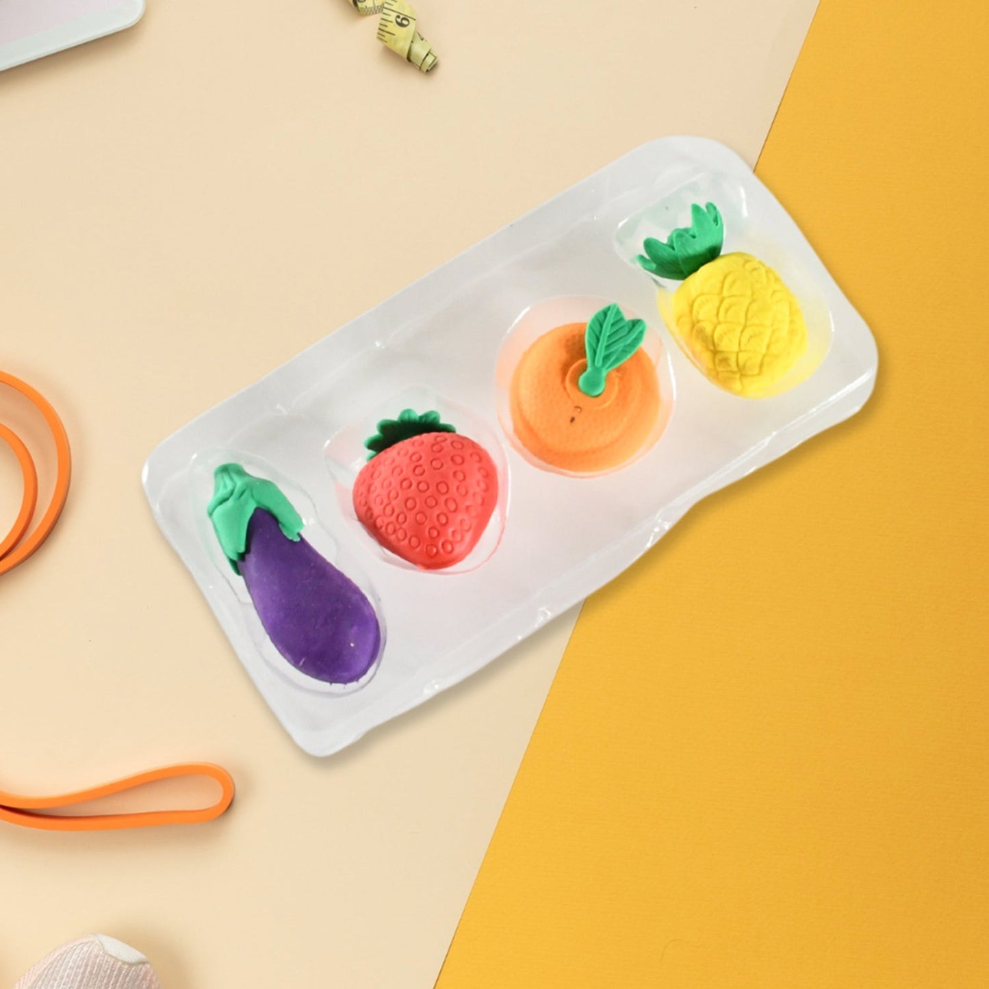 Mini Cute Vegetables and Fruits Erasers or Pencil Rubbers for Kids, 1 Set Fancy & Stylish Colorful Erasers for Children, Eraser Set for Return Gift, Birthday Party, School Prize, 3D Erasers (4 pc Set)