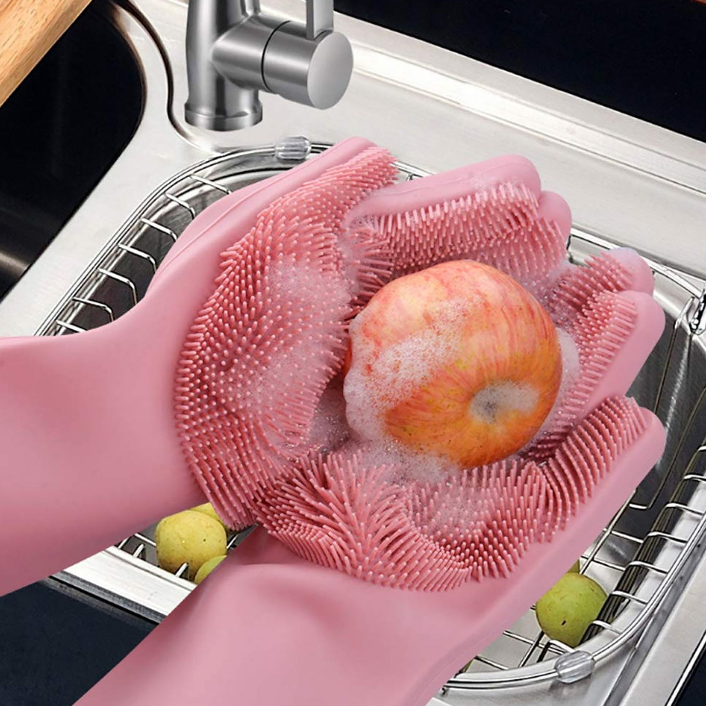 Dishwashing Gloves with Scrubber| Silicone Cleaning Reusable Scrub Gloves (1 Pair, 250 Gm) (X460)