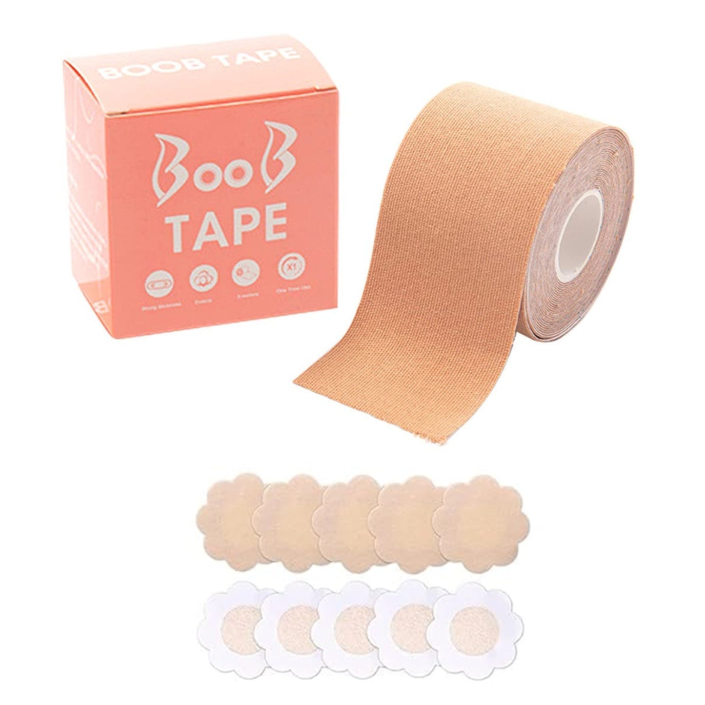 MMK-20-Boob Tape with Nipple Covers: Cotton, Breathable, Lift & Support (5m, 10 Pairs)