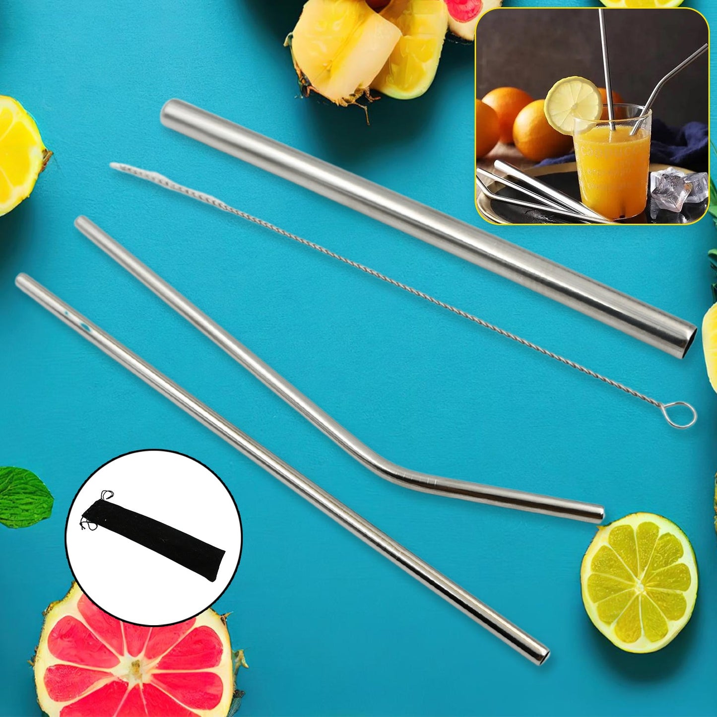 Reusable Stainless Steel Straws with Travel Case Cleaning Brush Eco Friendly Extra Long Metal Straws Drinking Set of 4 (2 Straight straws, 1 Bent straws, 1 Brush) (MKK+X63)