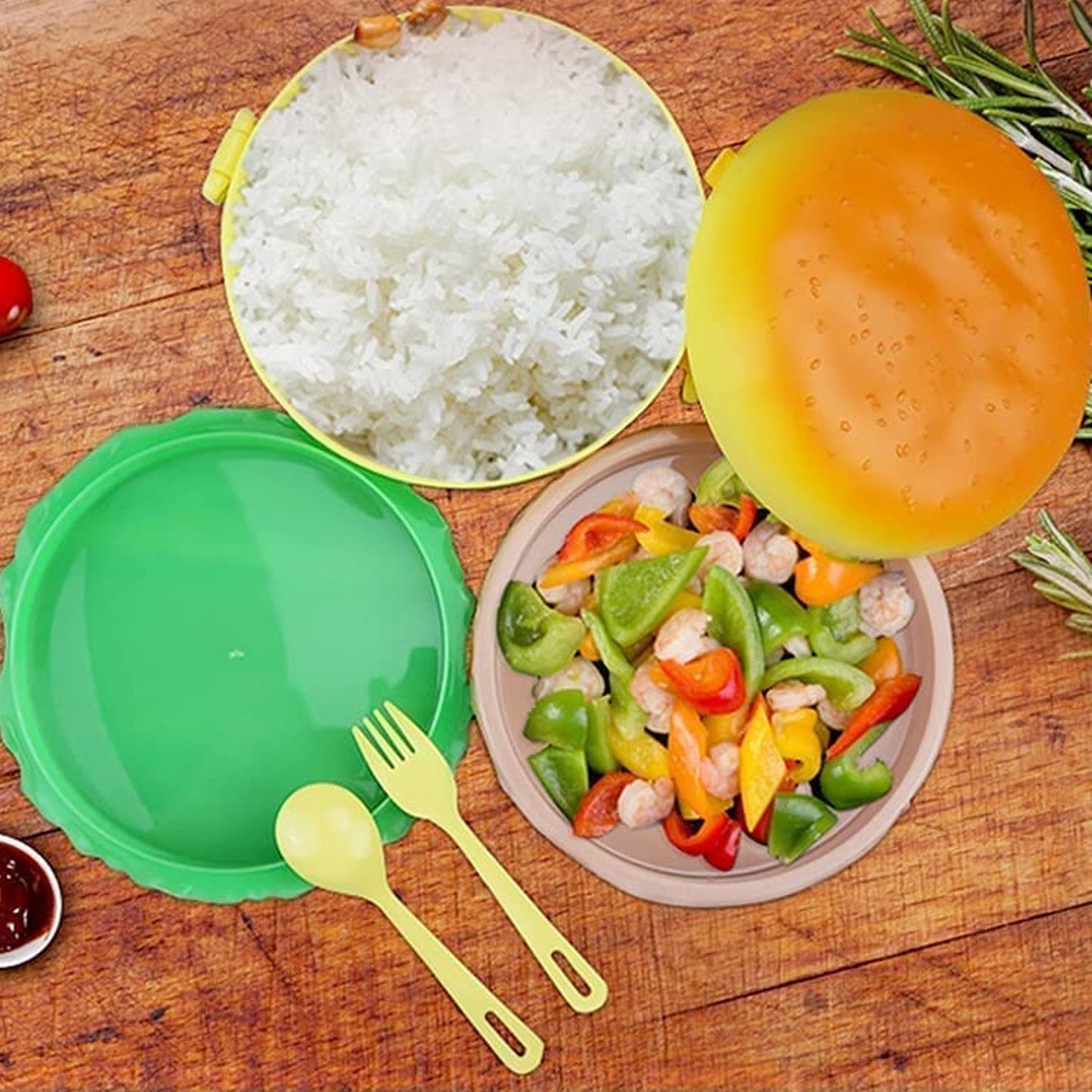 Burger Shape Lunch Box Plastic Lunch Box Food Container Sets Double Layer Lunchbox 1000ml With 2 Spoon Applicable to Kids and Elementary School Students (X606)