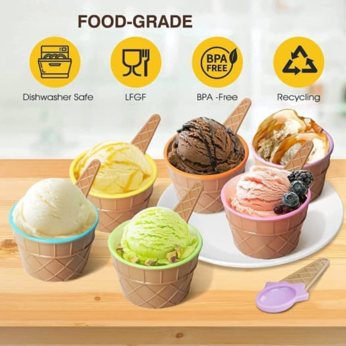 Ice-Cream Waffle Spoon Bowel Cup Set | Premium ice Cream Set | Ice-Cream Bowel with Spoon | 6 units Couple Bowl Set | Color Box (X937)