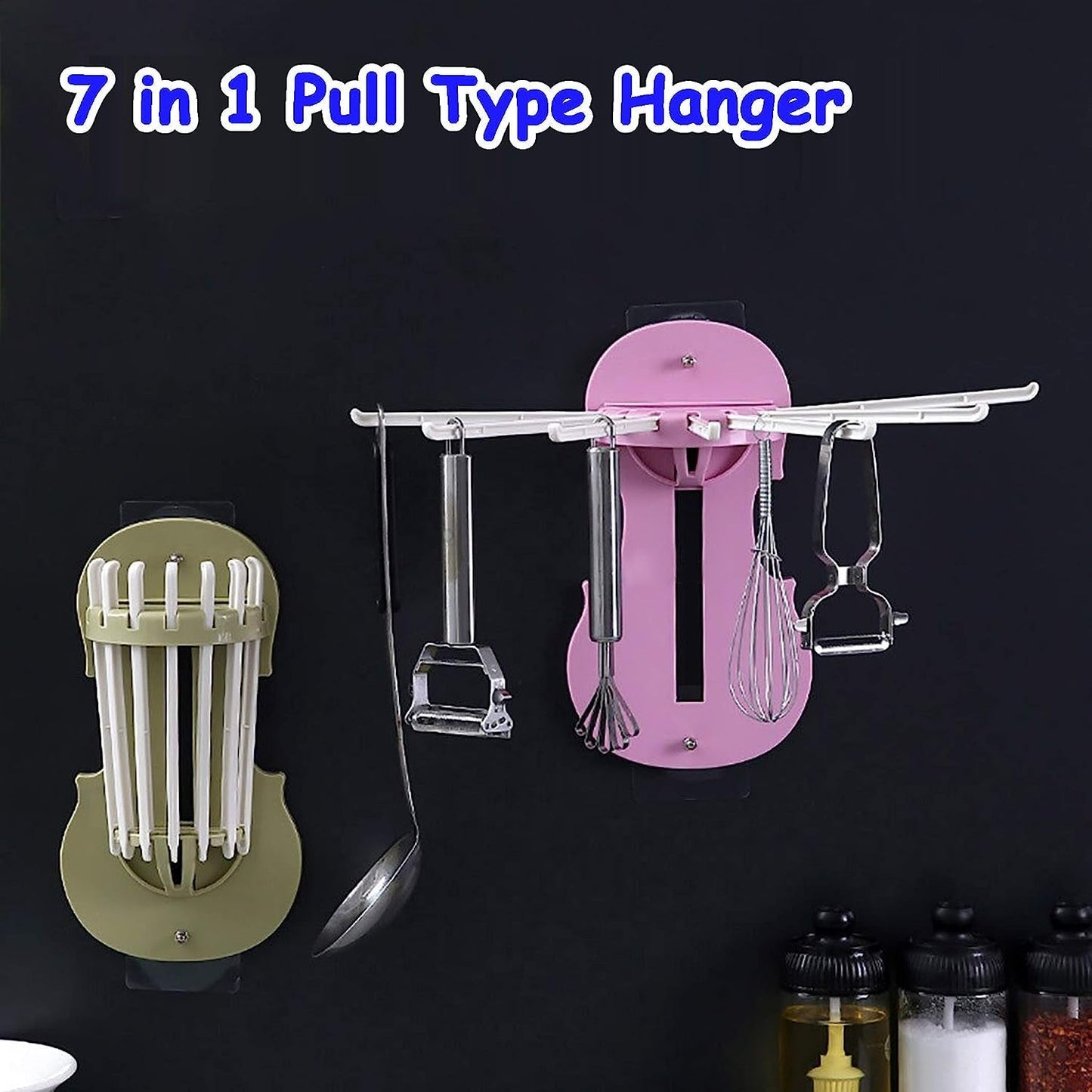 Plastic 7-in-1 Multifunction Retractable Wall-Mounted Pull-Out Hanger Rack Without Punching Hooks Up for Kitchen Bathroom (1-X36)