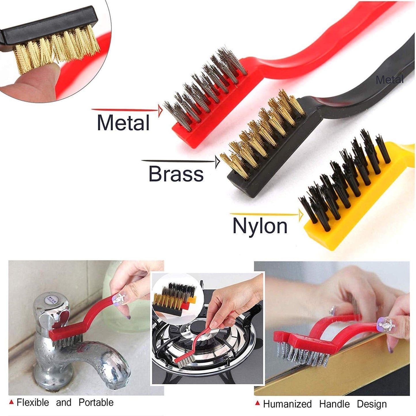 3pc Mini Wire Brush Set Brass Nylon Stainless Steel Bristles Household Cleaning Brush (3 Pcs Set)(X242)