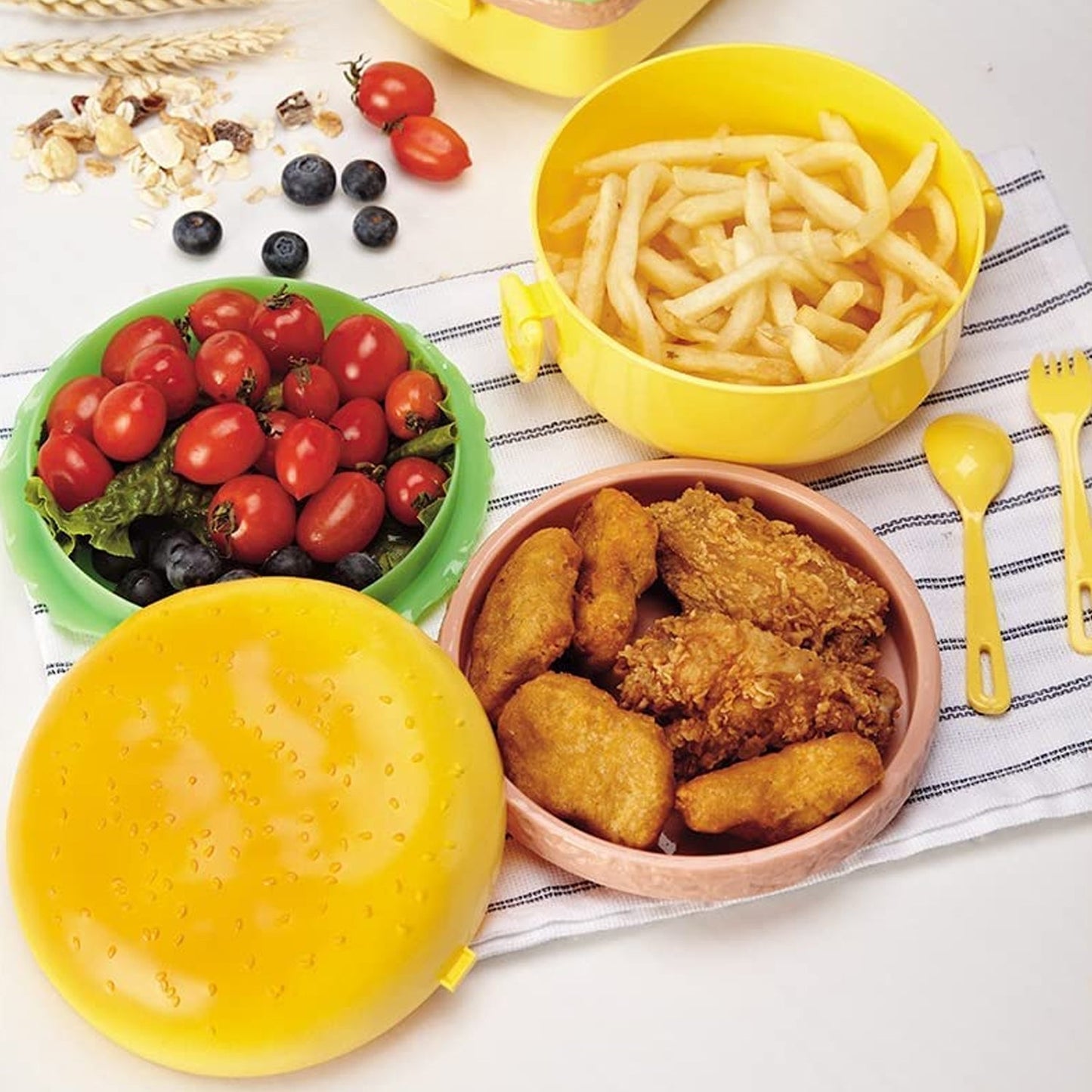 Burger Shape Lunch Box Plastic Lunch Box Food Container Sets Double Layer Lunchbox 1000ml With 2 Spoon Applicable to Kids and Elementary School Students (X606)