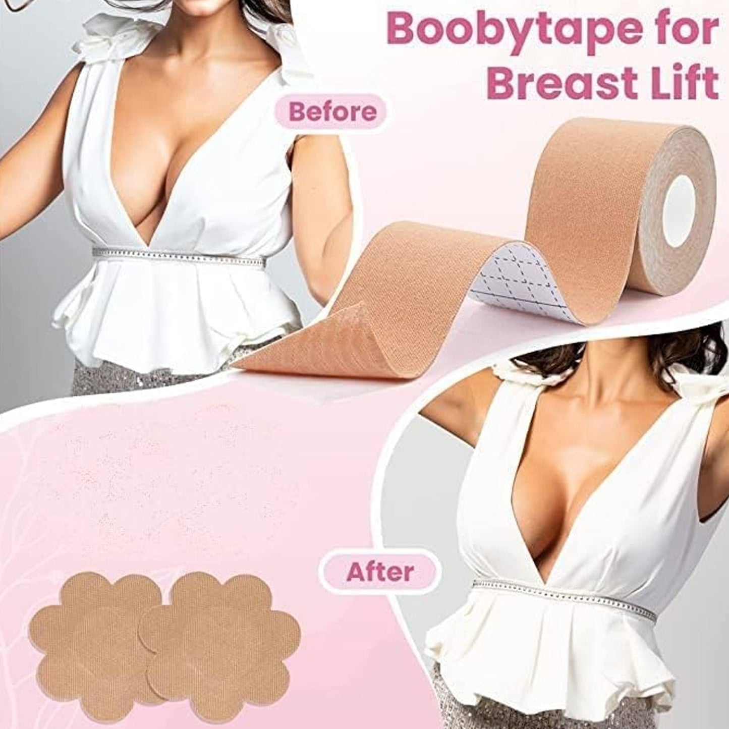 MMK-20-Boob Tape with Nipple Covers: Cotton, Breathable, Lift & Support (5m, 10 Pairs)