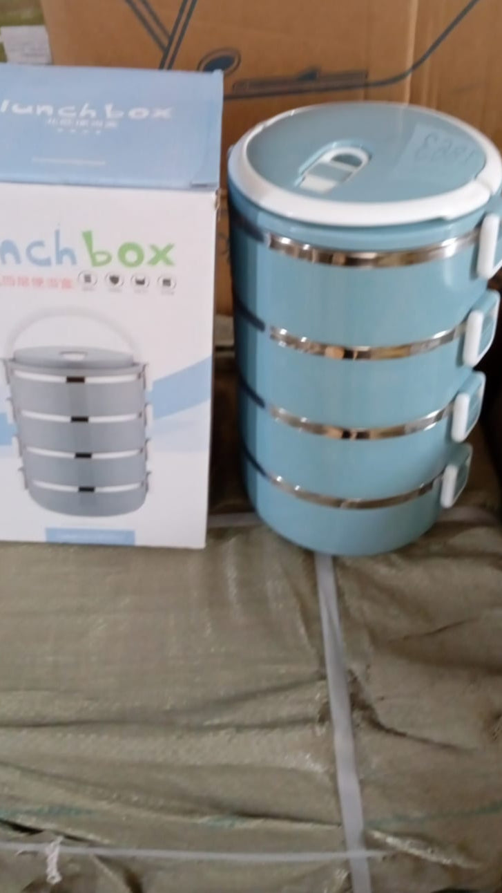Stainless steel lunch box with four layers for hot food.