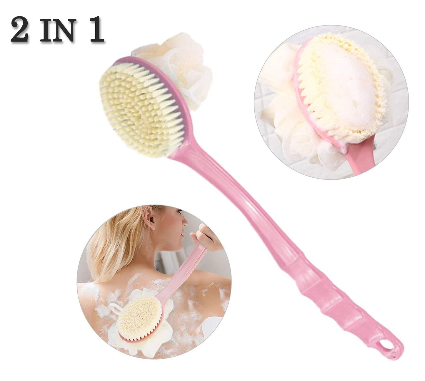 Long handle bath brush with dual functionality.