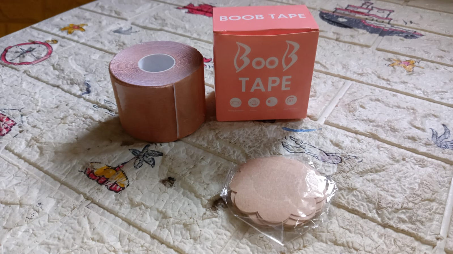 MMK-20-Boob Tape with Nipple Covers: Cotton, Breathable, Lift & Support (5m, 10 Pairs)