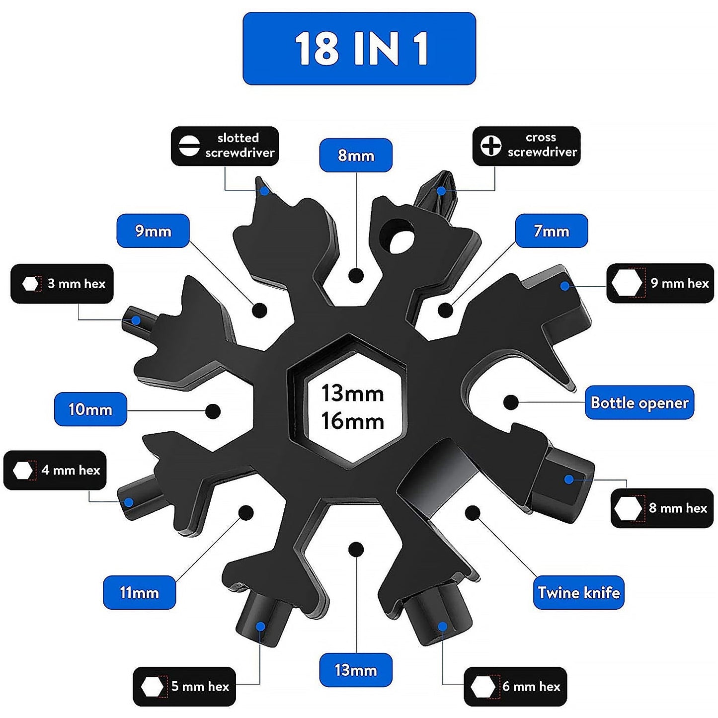 Durable & Portable 18 in 1 Snowflake Multi-Tool, Snowflake Bottle Opener Flat Phillips Screwdriver Kit Wrench (X910)