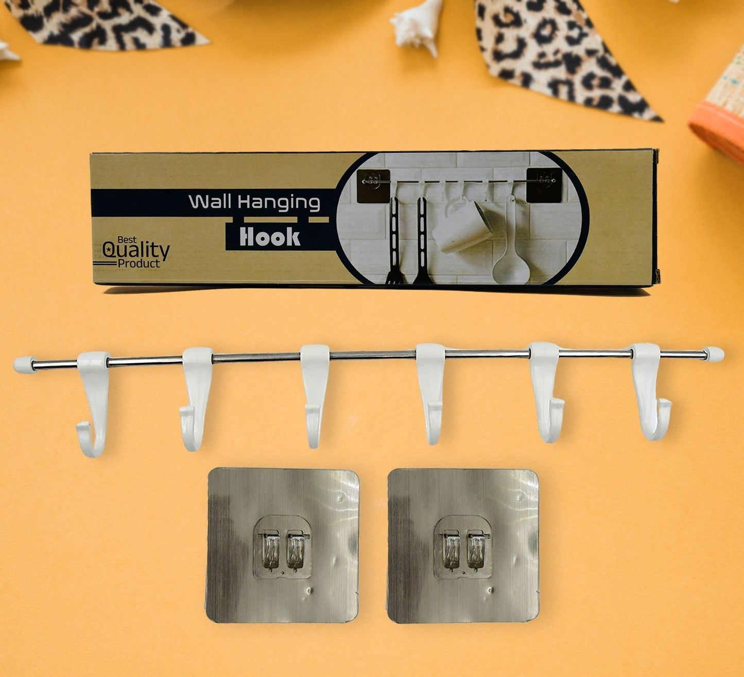Stainless Steel Utensil Hanger Rail Nail Free Wall Mount with 2 Magic Stickers & 6 Plastic Hooks For Kitchen (X472)