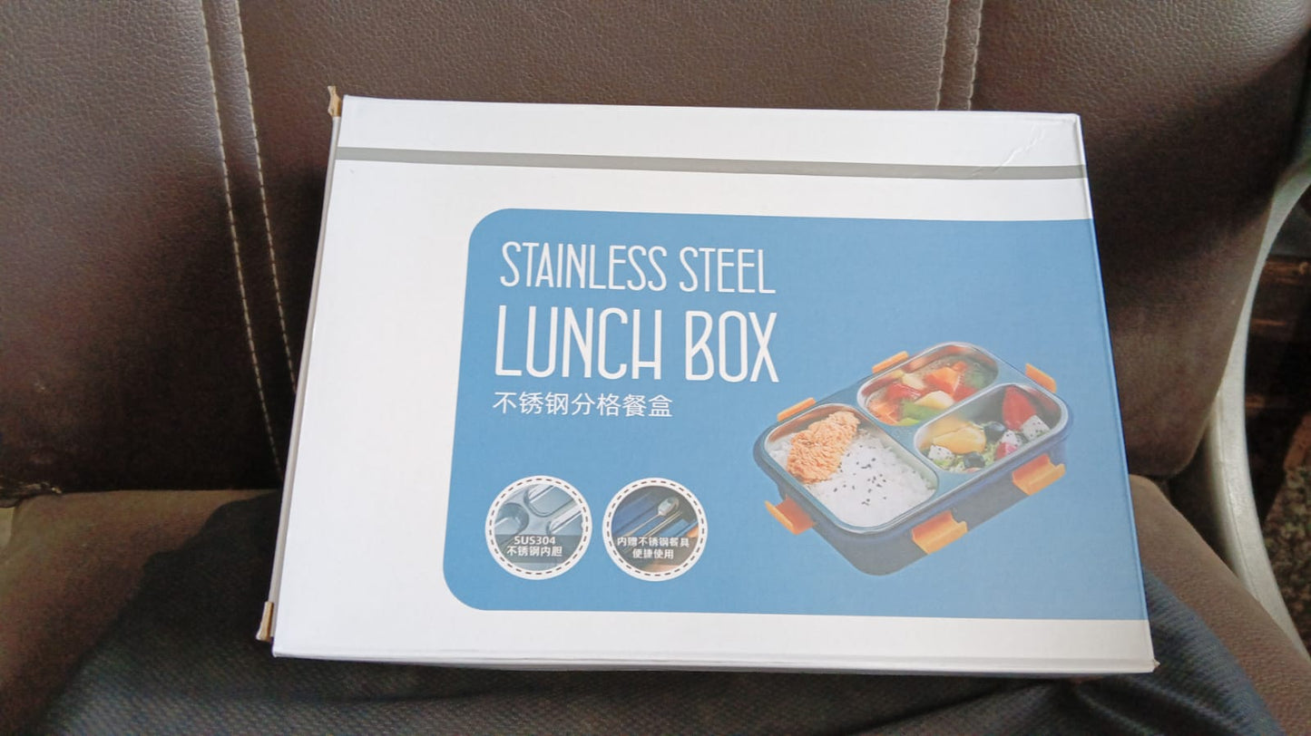 3 Compartment Transparent Stainless Steel Lunch Box with a Spoon and a Pair of Chopsticks (1 Set) (X479)