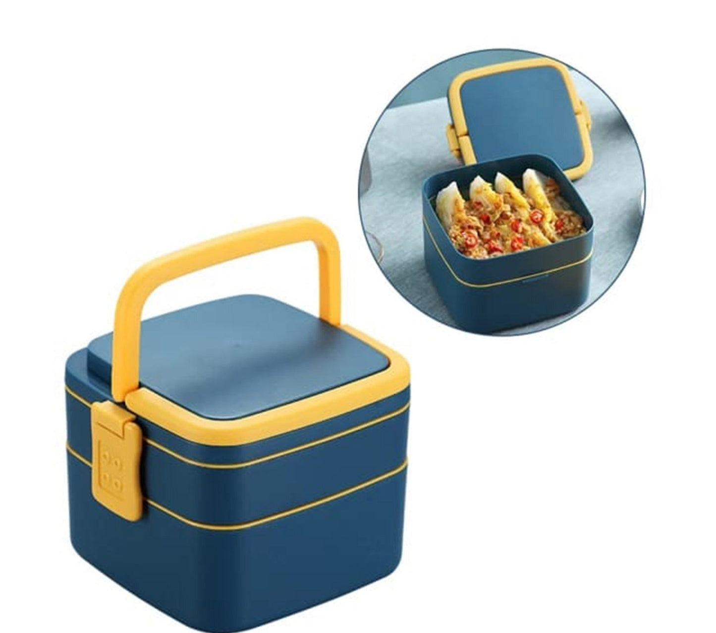 Stackable blue lunch box with carrying handle and spoon