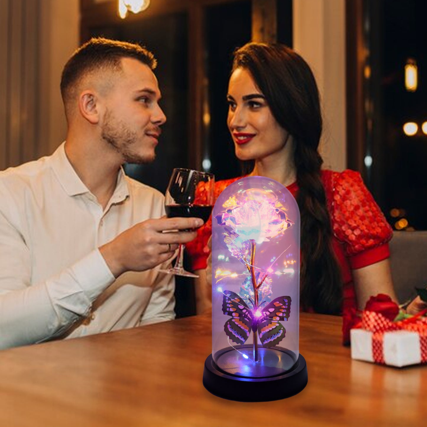 Led Light-up Eternal Rose With Butterfly In Transparent Dome (1 Pc Battery Not Included)