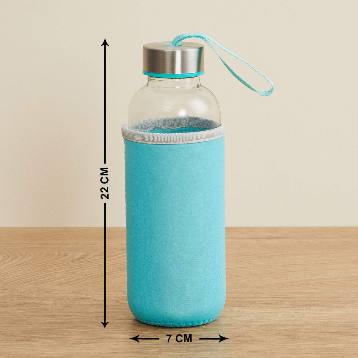 ManiKKshay glass water bottle, portable 500 ml, with cover.