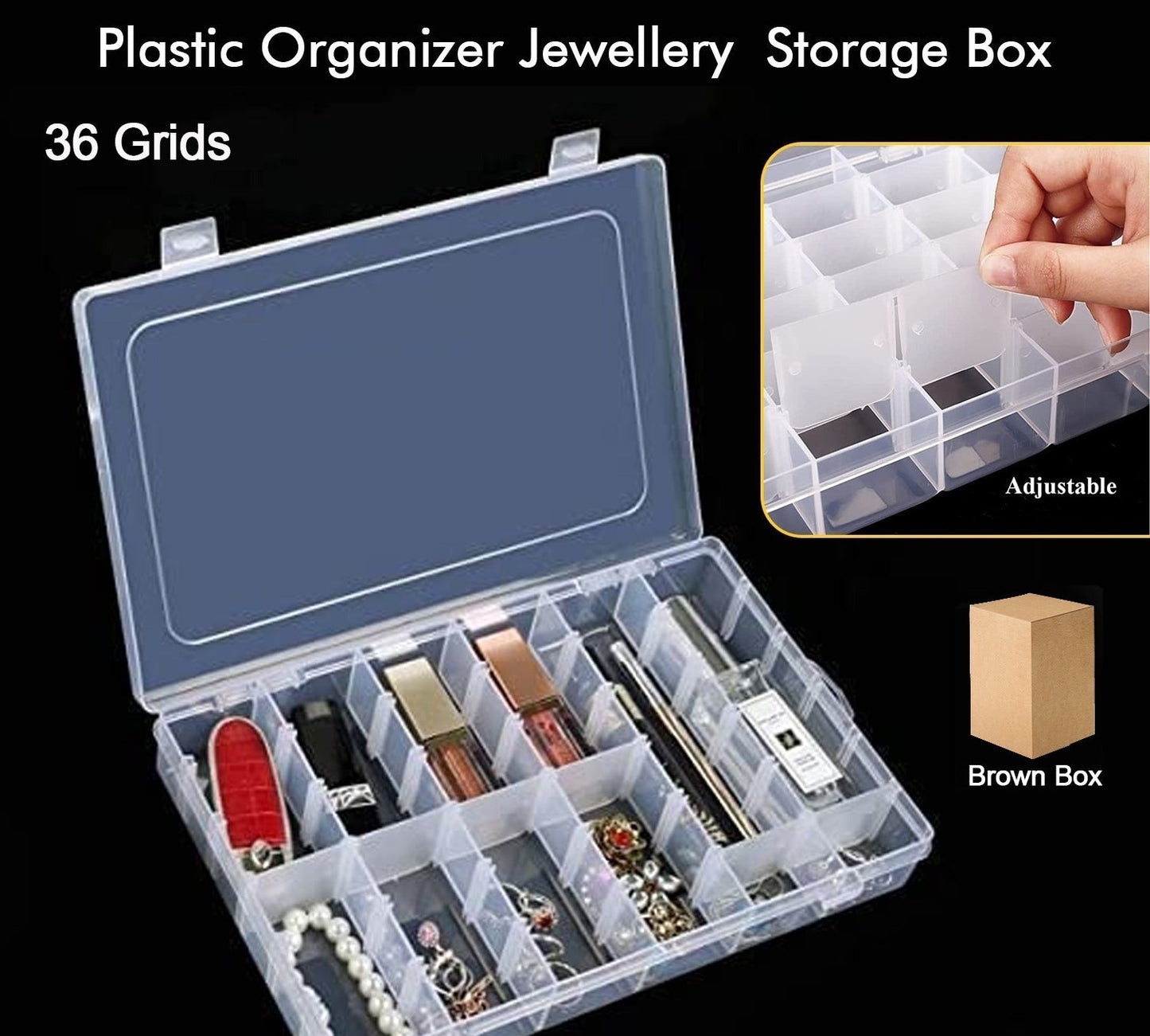Jewelry storage box with adjustable dividers, transparent