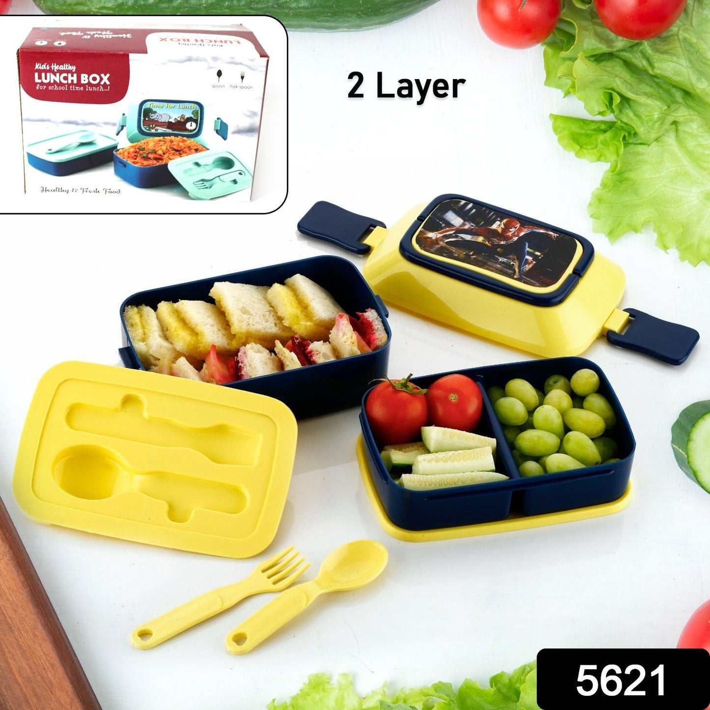 MKK-13- Double Layer Lunch Box Stylish Lid Lunch Box With Fork & Spoon Lunch Box For Children School Lunch Box