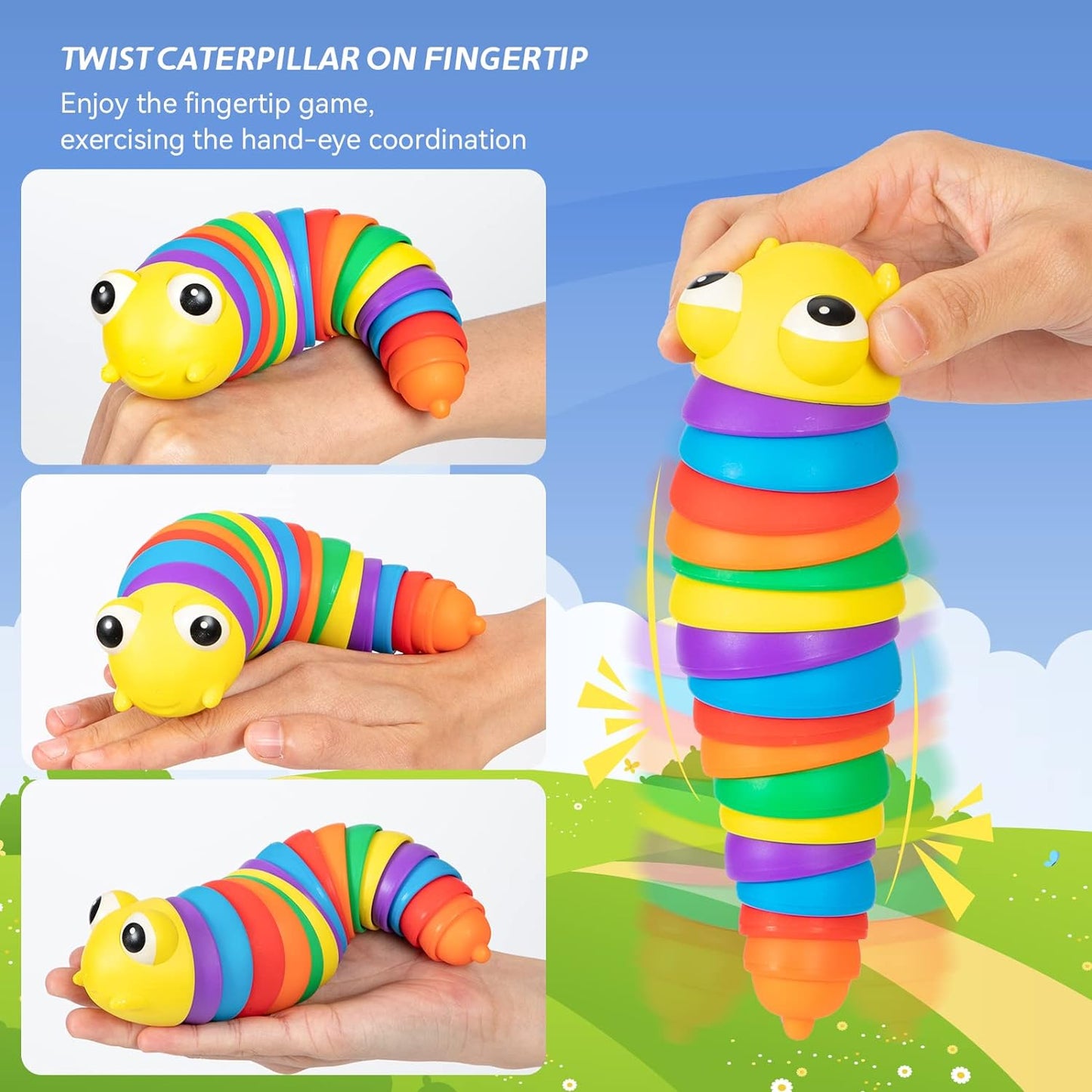 MKK-43-3D Rainbow Color Plastic Slug Fidget Toys, Stress Relieving Toy, Sensory Slug Toy for Boys and Girls, Finger slug Toy, for Autistic, Caterpillar Fidget Toys Stress Relief Gifts for Toddlers Kids Adults (1 Pc)