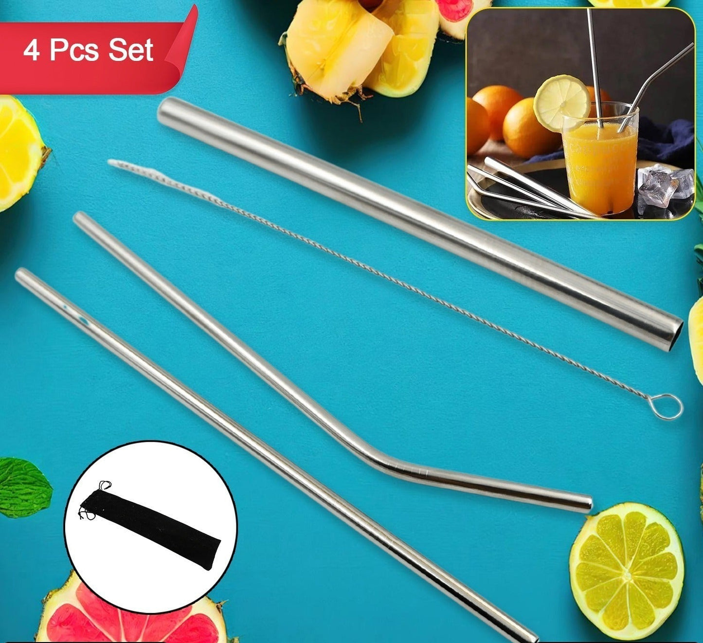 Reusable Stainless Steel Straws with Travel Case Cleaning Brush Eco Friendly Extra Long Metal Straws Drinking Set of 4 (2 Straight straws, 1 Bent straws, 1 Brush) (MKK+X63)