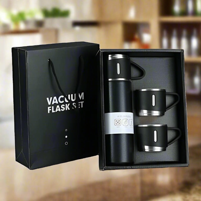 Stainless Steel Vacuum Flask Set With 3 Steel Cups Combo For Coffee Hot Drink And Cold Water Flask Ideal Gifting Travel Friendly Latest Flask Bottle. (500ml) (X1042)