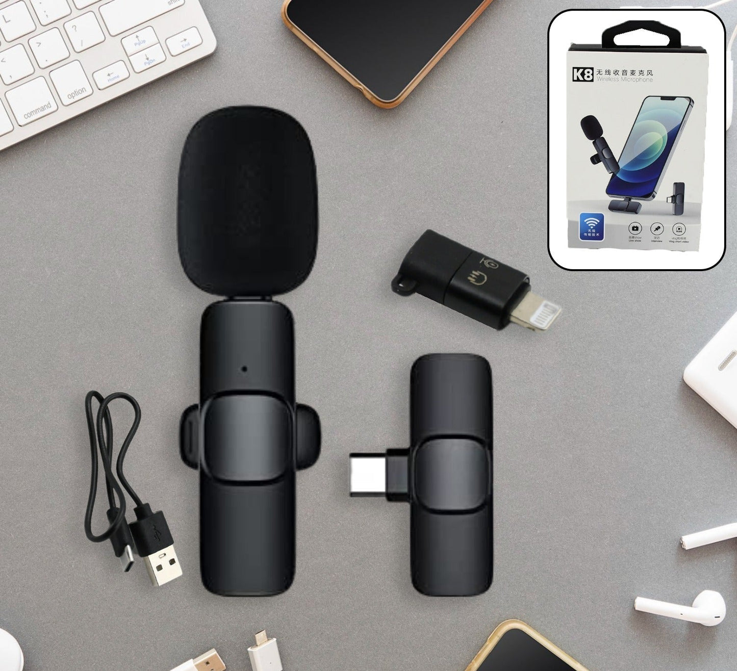 Intelligent Noise Cancelling Live Streaming Clip on Microphone for Type-C & for iPhone with Charging Mini Wireless Lapel Collar Microphone (MKK-X66)