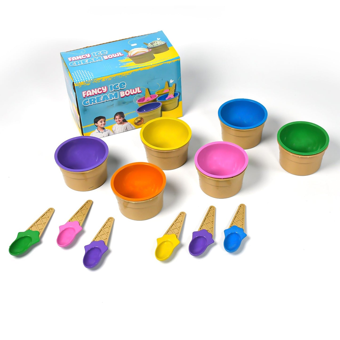 Ice-Cream Waffle Spoon Bowel Cup Set | Premium ice Cream Set | Ice-Cream Bowel with Spoon | 6 units Couple Bowl Set | Color Box (X937)
