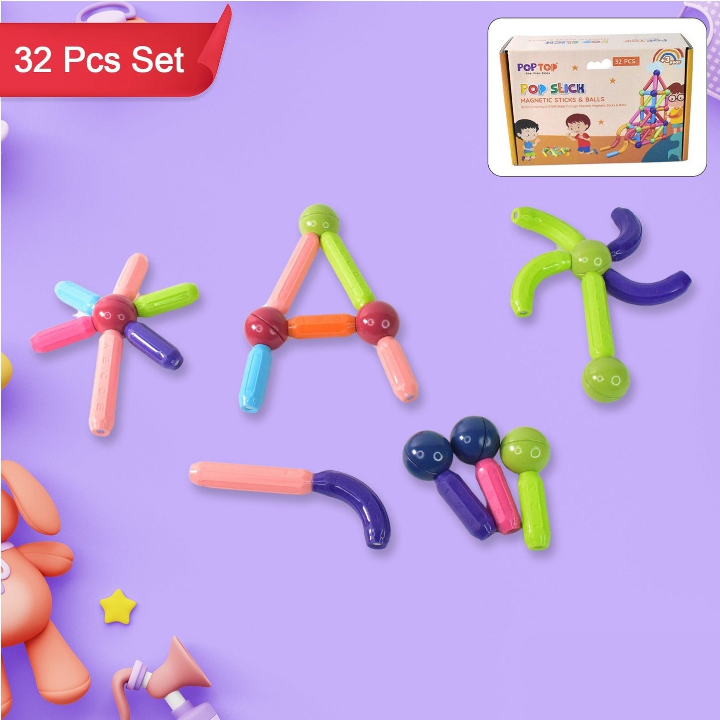 Magnetic Sticks Building Blocks Learning Toy for Kids (32 Pc)