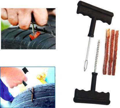 Puncture Repair Kit Tubeless Tyre Full Set With Nose Pliers Rubber Cement And Extra Strips For Cars Bikes (X1010)