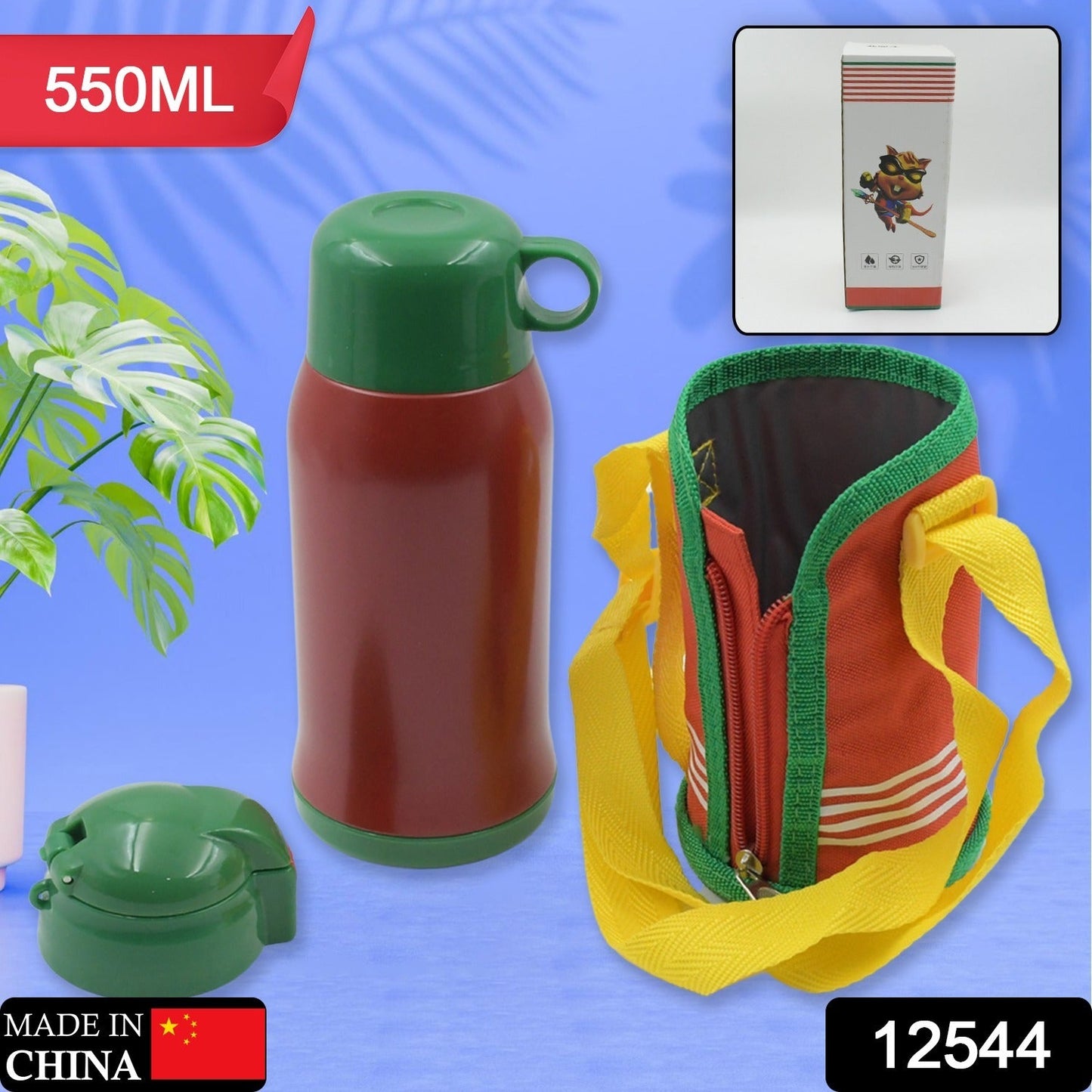 Premium Stainless Steel Insulated Sipper Bottle Print Water FlaskCartoon Vacuum Hot Cold For Kids / Travelling Water Bottle for Kids with Pop up Straw, Double Wall Thermos with Straw & Bottle Zippe Cover For office/Gym/School (550 ML)