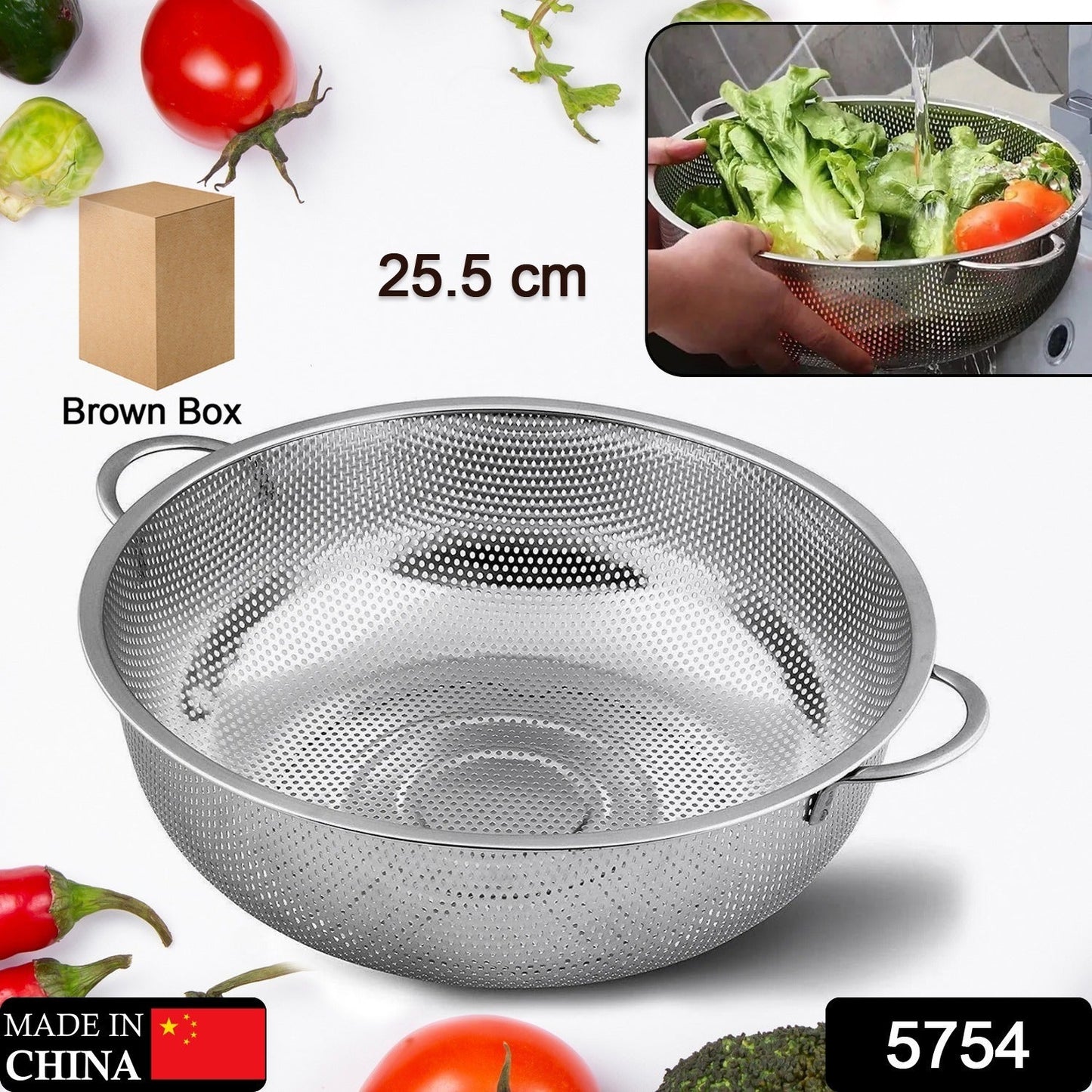 Stainless Steel Colander with Handle, Large Metal Mesh Basket Strainer for Pasta, Spaghetti, Berry, Veggies, Fruits, Kitchen Food Colander, Safe (1 pc / 25.5 cm)