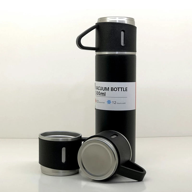 Stainless Steel Vacuum Flask Set With 3 Steel Cups Combo For Coffee Hot Drink And Cold Water Flask Ideal Gifting Travel Friendly Latest Flask Bottle. (500ml) (X1042)