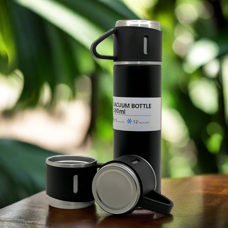 Stainless Steel Vacuum Flask Set With 3 Steel Cups Combo For Coffee Hot Drink And Cold Water Flask Ideal Gifting Travel Friendly Latest Flask Bottle. (500ml) (X1042)