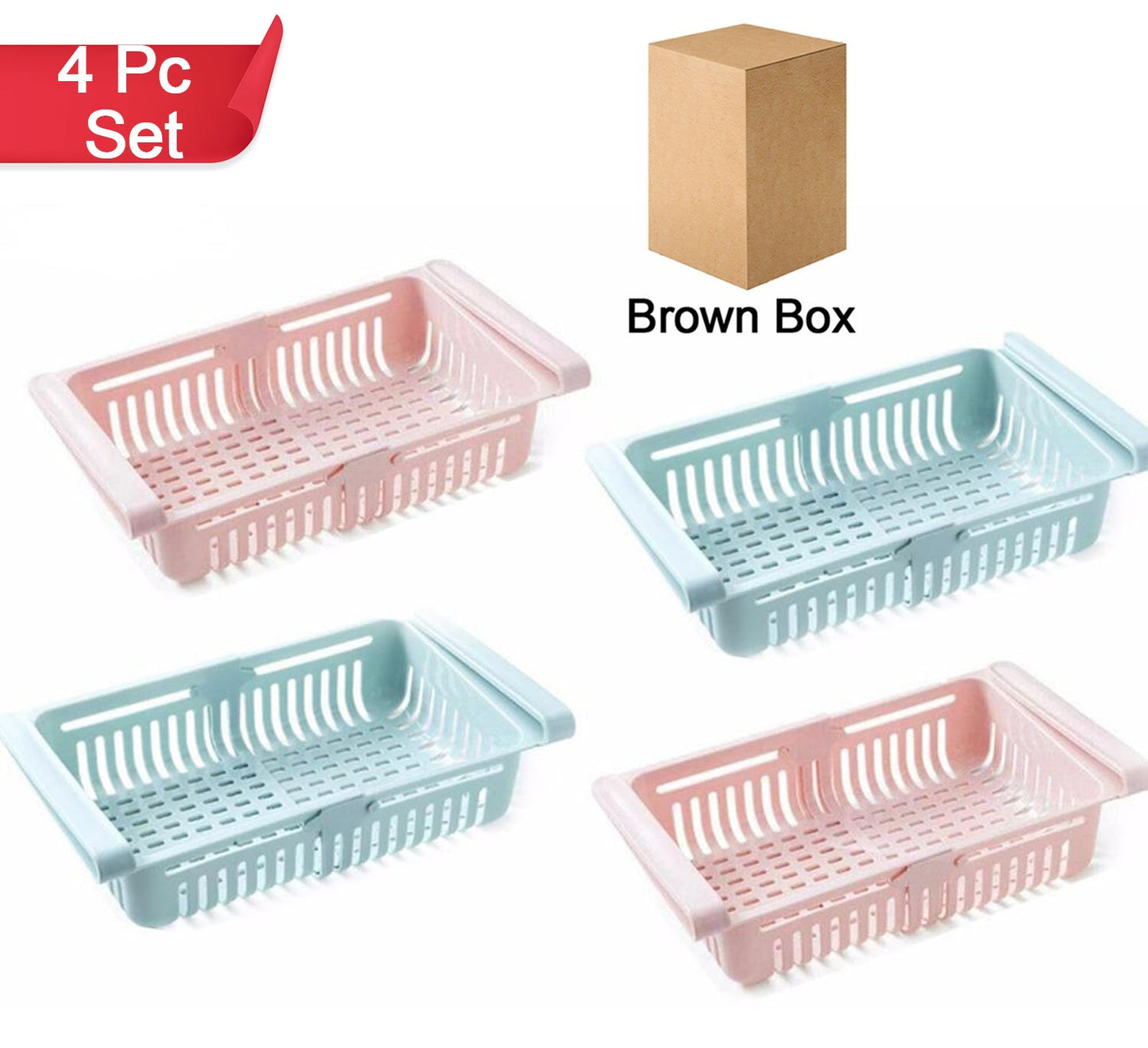 Set of 4 fridge storage baskets for organizing food.