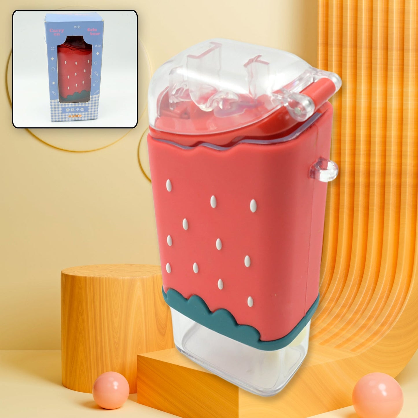 Portable Cute Water Bottle for Kids, Unique Ice Cream Shape water cup, Popsicle Shaped Plastic Kettle with Straw, Adjustable Shoulder Strap, BPA free, Leakproof (300 ML) (X958)