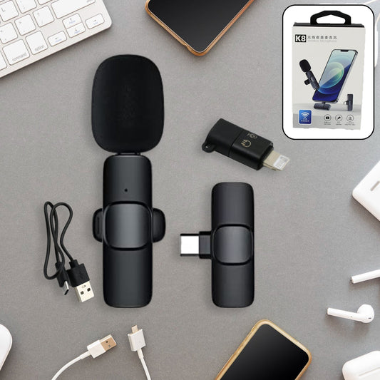 Intelligent Noise Cancelling Live Streaming Clip on Microphone for Type-C & for iPhone with Charging Mini Wireless Lapel Collar Microphone (MKK-X66)