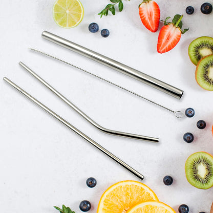 Reusable Stainless Steel Straws with Travel Case Cleaning Brush Eco Friendly Extra Long Metal Straws Drinking Set of 4 (2 Straight straws, 1 Bent straws, 1 Brush) (MKK+X63)