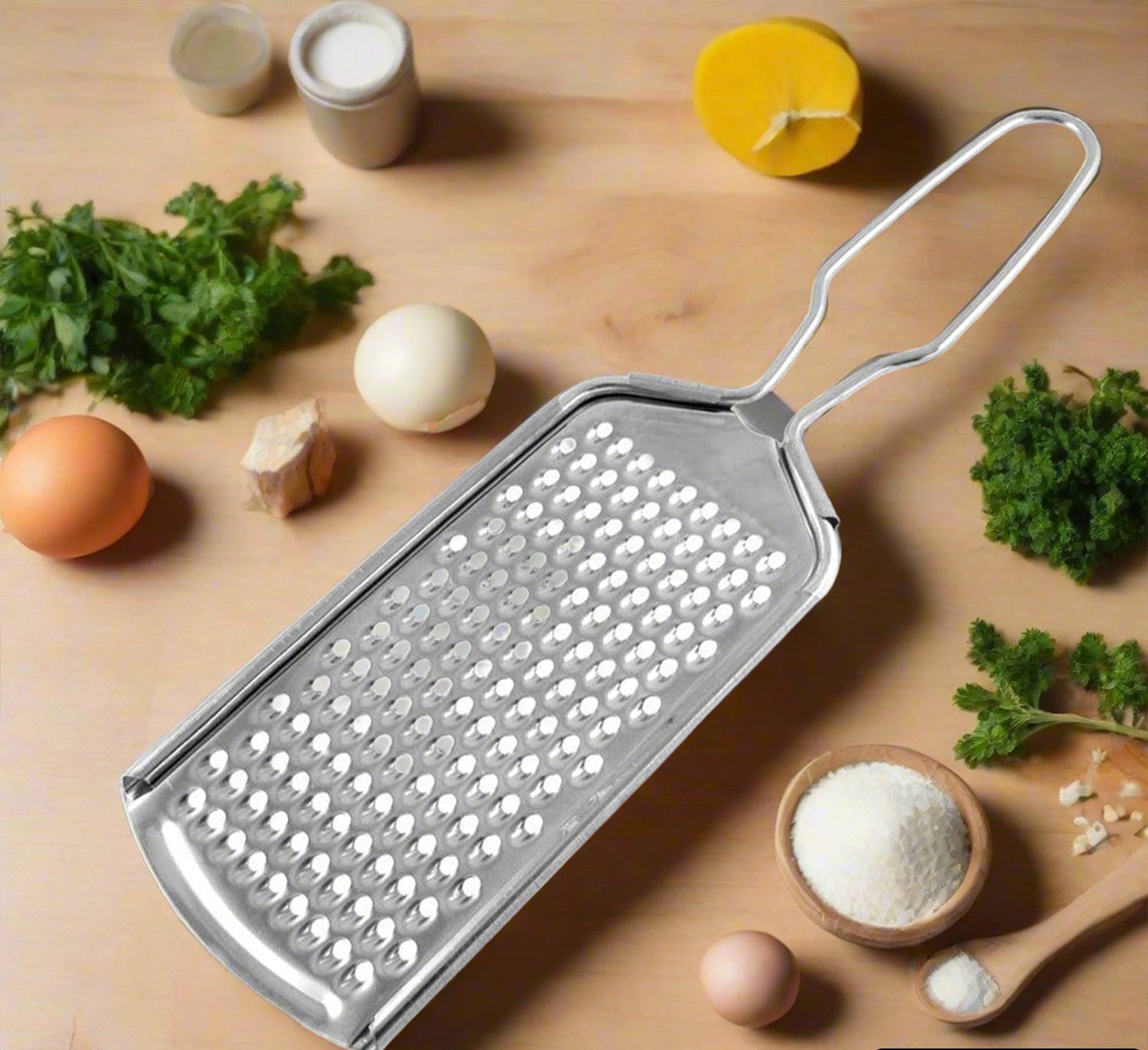 Stainless steel zester grater for zesting citrus, grating cheese, and nutmeg in the kitchen.