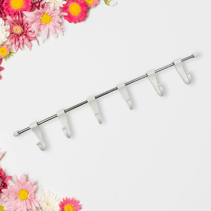 Stainless Steel Utensil Hanger Rail Nail Free Wall Mount with 2 Magic Stickers & 6 Plastic Hooks For Kitchen (X472)