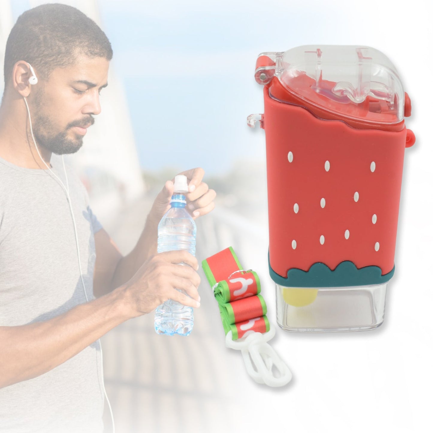 Portable Cute Water Bottle for Kids, Unique Ice Cream Shape water cup, Popsicle Shaped Plastic Kettle with Straw, Adjustable Shoulder Strap, BPA free, Leakproof (300 ML) (X958)